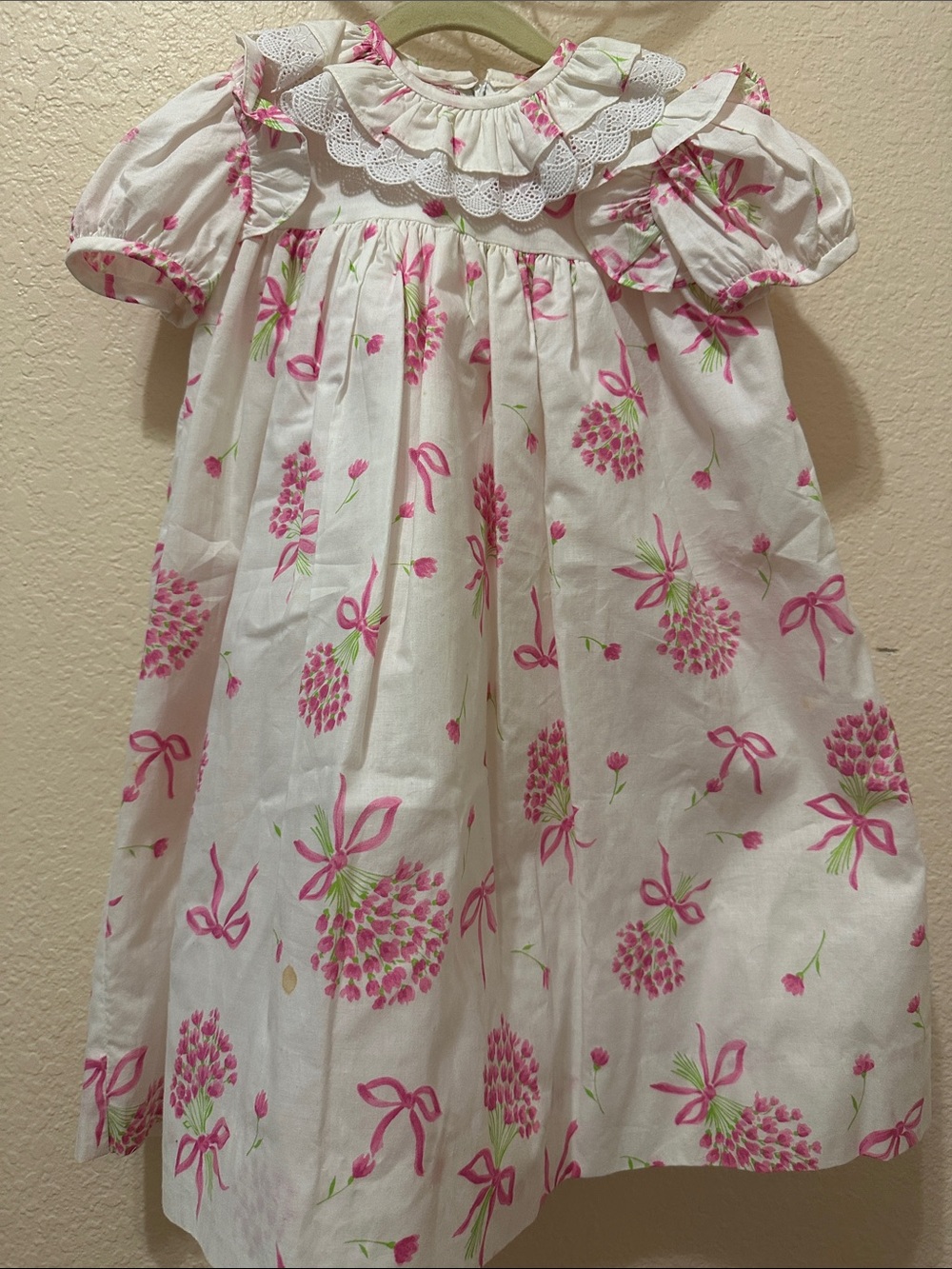 White Vintage Dress with Pink Floral Bows and Eyelet Ruffle with matching bottom
